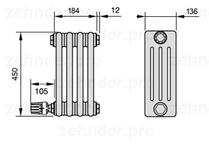 Схема (чертеж) Радиатор Zehnder Charleston 4045/4 №V003 Белый глянцевый RAL 9016